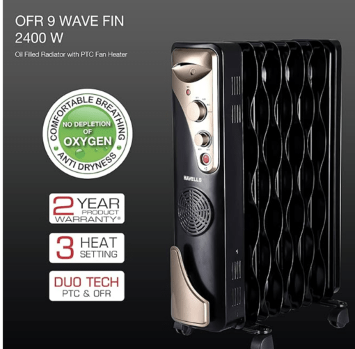 Havells OFR 9 Wave Fin with PTC 2400 Watts Fan Heater (Black) - Image 2